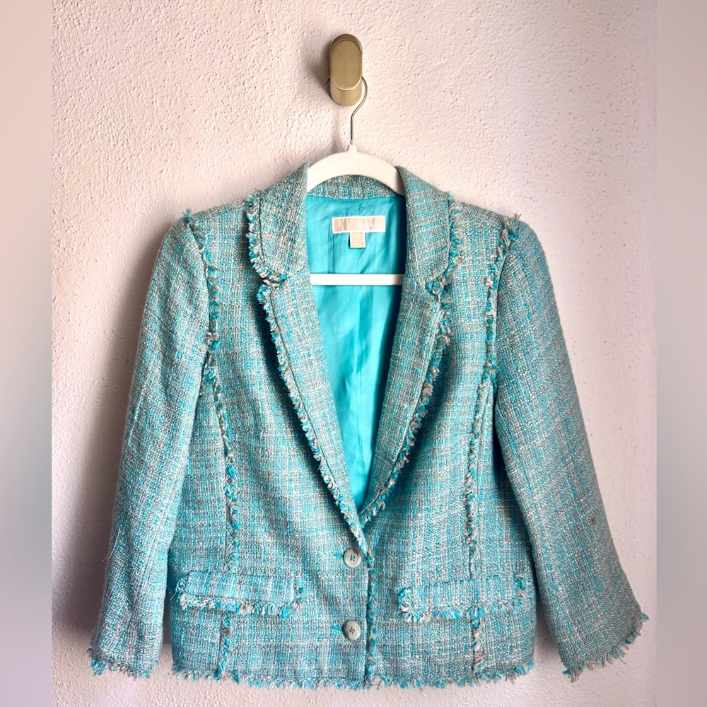 Michael Kors Blue Tweed Blazer with Fringe Detailing Size 12